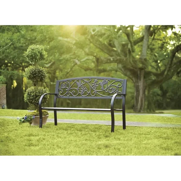 Cast Aluminum Outdoor Garden Bench with Hummingbird Design, Black