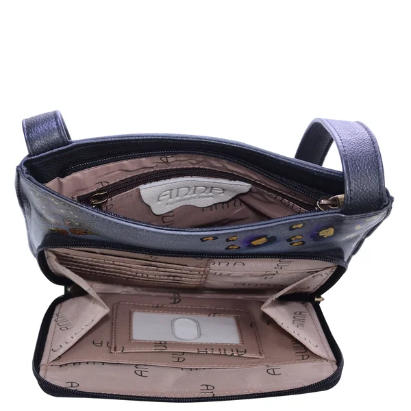 Anna by Anuschka Women's Hand Painted Leather Slim Shoulder Organizer, Rose Safari Grey