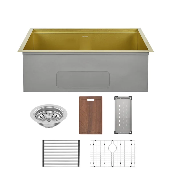 Tourner 30x22 x 19x22 Stainless Steel, Single Basin, Undermount Kitchen Workstation Sink in Gold