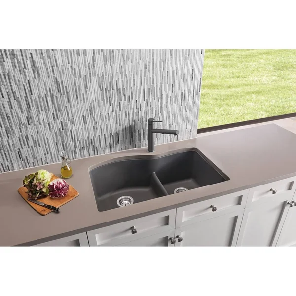 Blanco 441592 Diamond Silgranit Double Bowl Undermount Kitchen Sink with Low Divide, Metallic Gray
