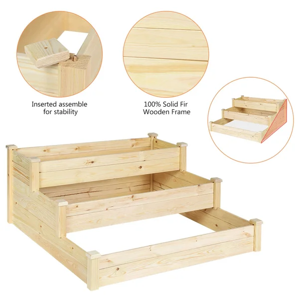 3-Tier Wooden Raised Bed Garden Planting Box Growing Flower Vegetables - Burlywood - Modern & Contemporary - No - Assembly R