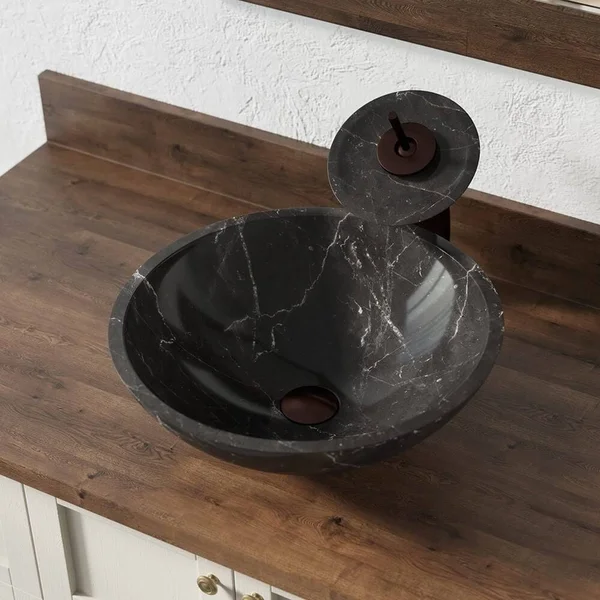 Mr Direct 851 Marble Granite Vessel Sink Ensemble with Oil-Rubbed Bronze Finish Waterfall Faucet, Pop-Up Drain, and Sink Ring