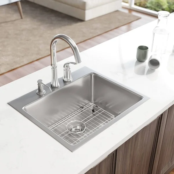 Rene R1-2015-18 Single Bowl Topmount 3/4x22 Radius Stainless Steel Kitchen Sink in 18-Gauge with Grid and Basket STRAINER