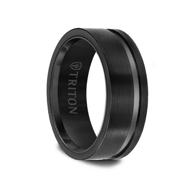 Ezra Black Tungsten Flat Satin Finish Ring with Single Polished Offset Groove by Triton Rings - Black Tungsten Men's Wedding Ban