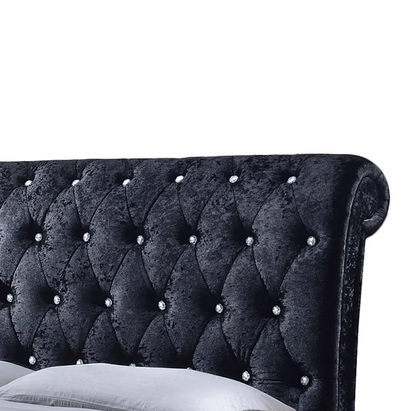 Baxton Studio Castello Black Velvet Upholstered Faux Crystal-Buttoned Sleigh Platform Bed - Queen
