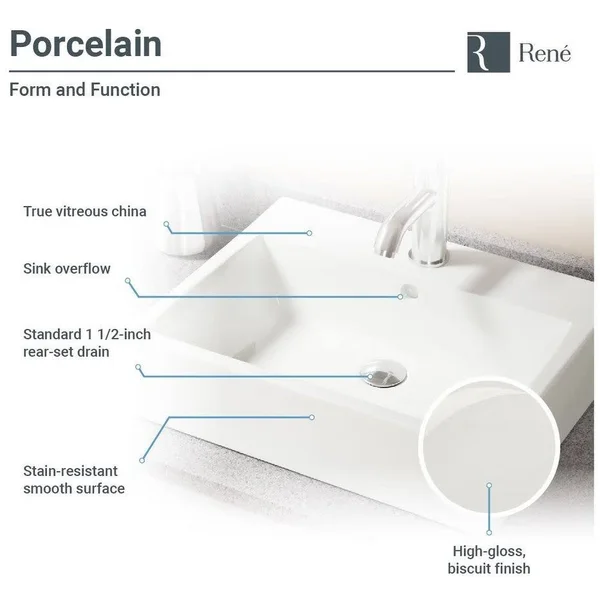 Rene R2-5018-B-R9-7009-BN Biscuit Porcelain Vessel Sink with Brushed Nickel Vessel Faucet and Vessel Pop-Up Drain - 21" x 16