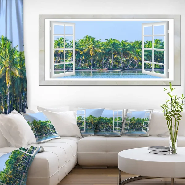 Design Art Open Window to Seashore Palms Graphic Art on Wrapped Canvas, Blue