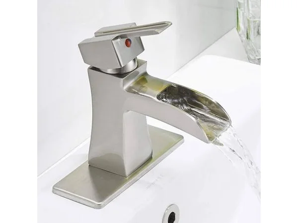 Bathlavish Waterfall Bathroom Faucet Brushed Nickel Sink with Pop Up Drain Vanity Single Hole Lavatory Modern Basin Satin Mixer