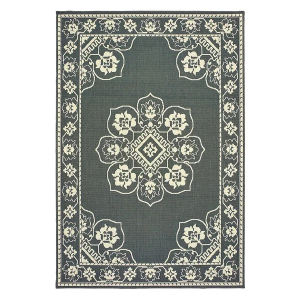 StyleHaven Mainland Traditional Framed Medallion Indoor Outdoor Rug, Grey, 3.5X5.5 ft