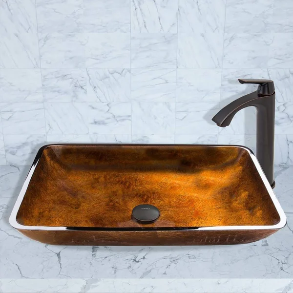 Vigo Rectangular Russet Glass Vessel Sink and Linus Faucet Set, Antique Rubbed Bronze VGT494
