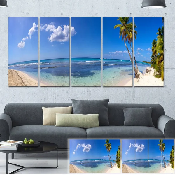 Designart 'Paradise Beach Panorama' Landscape Photo Canvas Print - Blue/White/Green - 40 in. Wide x 20 in. High