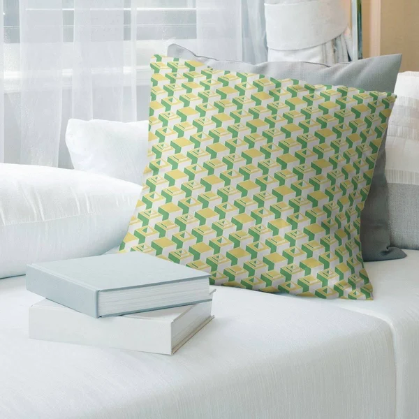 Green Color Contrast Skyscrapers Pattern Throw Pillow - 20 x 20 - Green & Yellow - Faux Suede