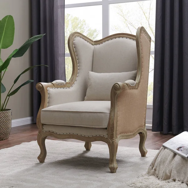 New Pacific Direct Guinevere Burlap Wing Arm Chair, Light Sand/Burlap