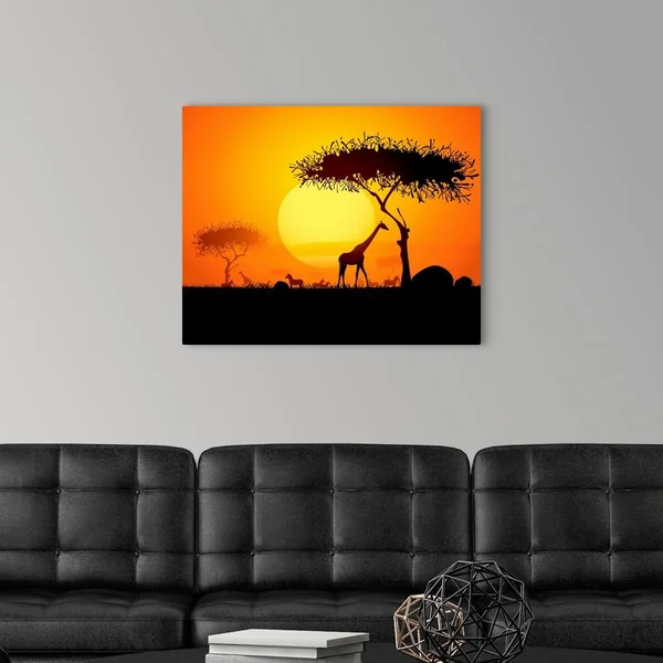 Sunset in Africa, with Silhouetted Animals and Trees, Large Solid-Faced Canvas Wall Art Print, Great Big Canvas