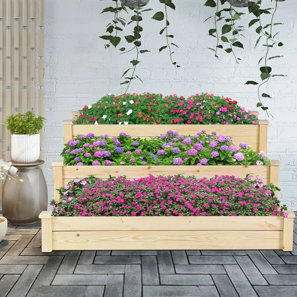 3-Tier Wooden Raised Bed Garden Planting Box Growing Flower Vegetables - Burlywood - Modern & Contemporary - No - Assembly R