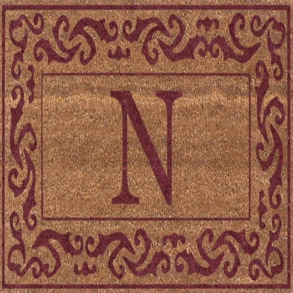 Cocomatsnmore Monogram (N) Vinyl Backed Red Rolling Scrolls Border Doormats 18 inch x 30 inch - Beige