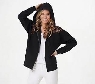 The Muses Closet Beaded Zip Front Sweatshirtw/ Hood - Size Medium, Black