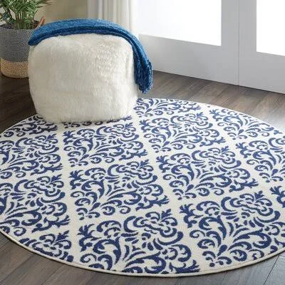 Florissant Damask White/Navy Blue Area Rug Rosdorf Park Rug Size: Round 5&3x22