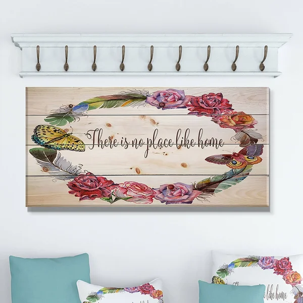 Designart 'There Is No Place Like Home. Floral' Textual Entrance Art on Wood Wall Art - Multi-Color - 40 in. Wide x 20 in. High