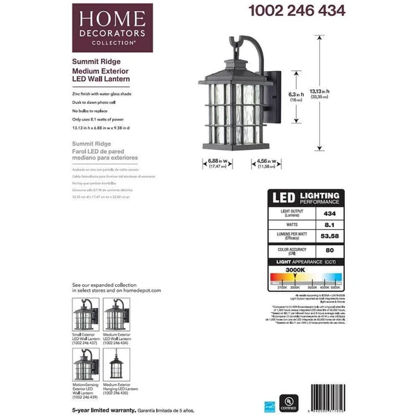 Home Decorators Collection LED Wall Lantern Summit Ridge Collection Zinc Outdoor Integrated Dusk-to-Dawn
