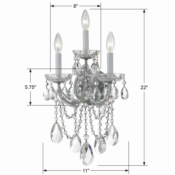 Crystorama 4423-CH-CL-SAQ Maria Theresa 3 Light Spectra Crystal Chrome Sconce
