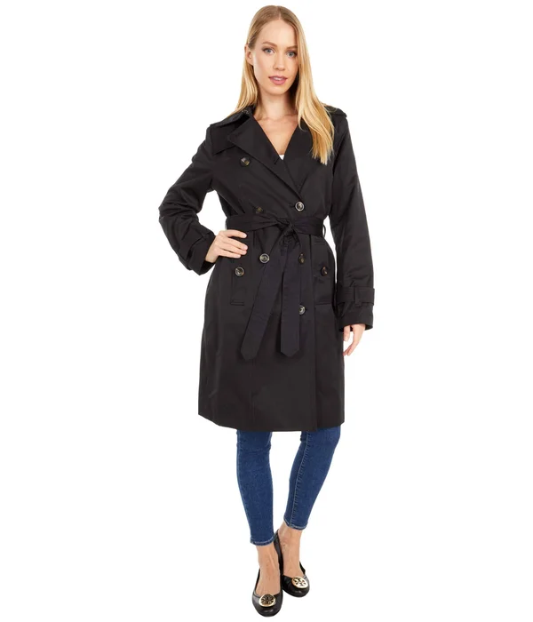 London Fog Double Breasted Classic Rain Trench Women's Coat Black : SM