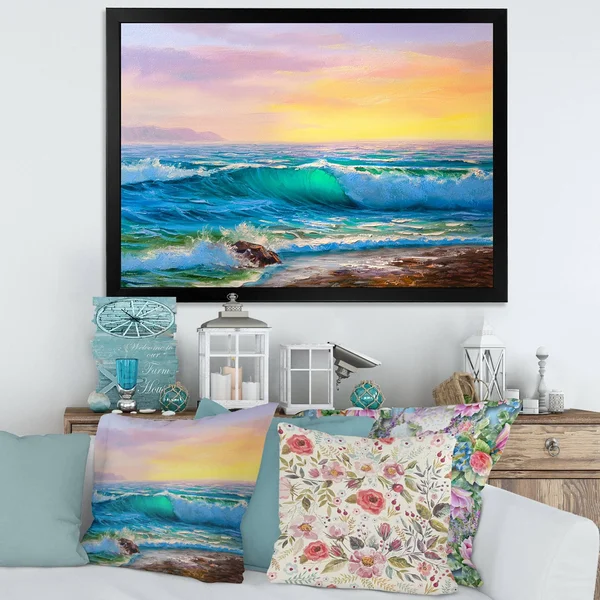 Designart &Blue Waves Breaking at The Beach IV& Nautical & Coastal Framed Art Print - 32 in. Wide x 24 in. High - Black