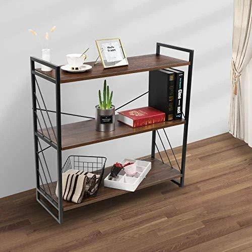 NOZE 3 Tier Industrial Bookshelf - Storage Rack Shelf for Home and Office, Rustic Bookcase, Walnut