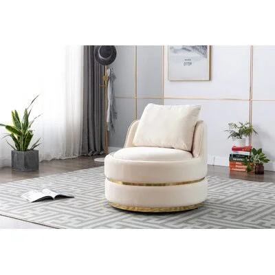 Modern Swivel Vanity Chair - Velvet Makeup Barrel Chair, Comfy Accent Sofa Lounge, Leisure Round Chair with Gold Base and Pillow