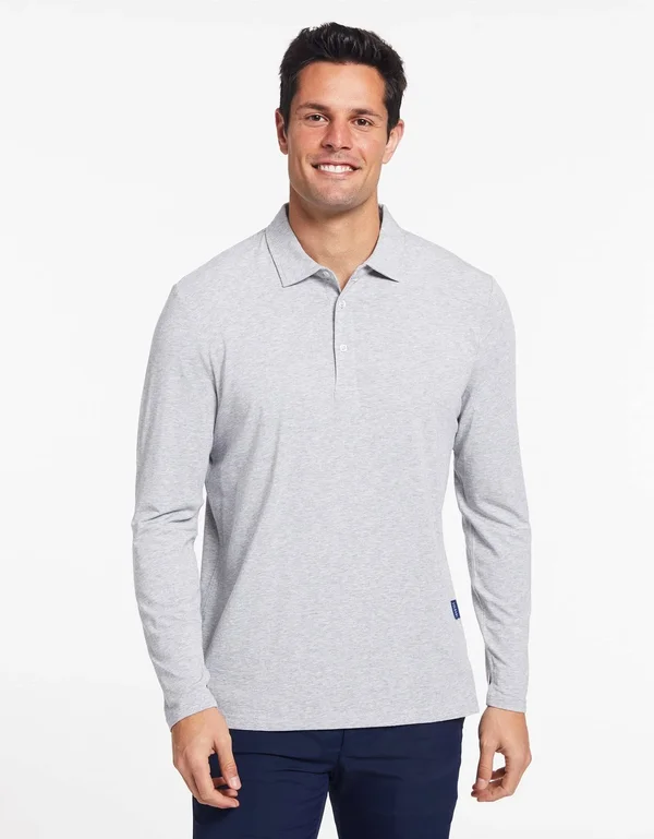 Sun Protective Long Sleeve Polo Shirt for Men UPF50+ - UV Protection Light Grey Marle