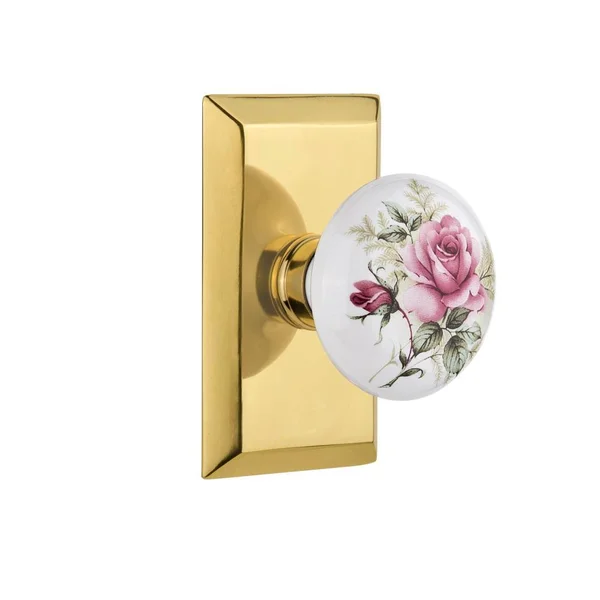 Nostalgic Warehouse 711219 Studio Plate Privacy White Rose Porcelain Door Knob - Polished Brass