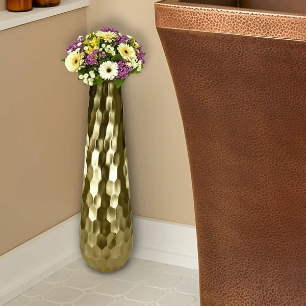 Benjara Metal Vase with Hammered Textured Surface - Gold
