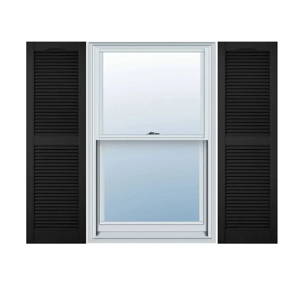 18 inchw x 89 inchh Lifetime Vinyl, Custom Straight Top Center Mullion, Open Louver Shutters, Black