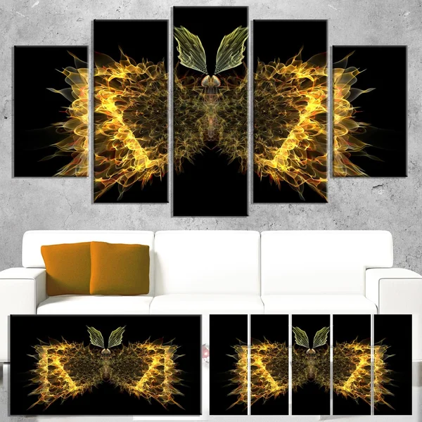 Design Art Golden Fractal Butterfly in Dark - Large Abstract Art Canvas Print - Yellow - 60 in. Wide x 28 in. High - 5 Equal Pane