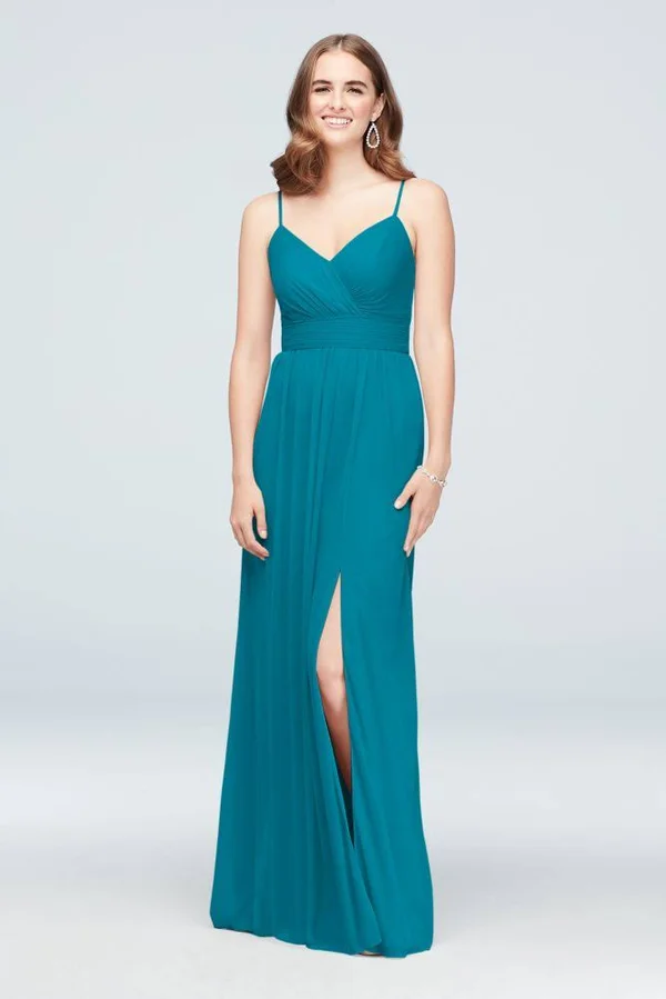 Spaghetti Strap Ruched Waist Mesh Bridesmaid Dress - Steel Blue - 26