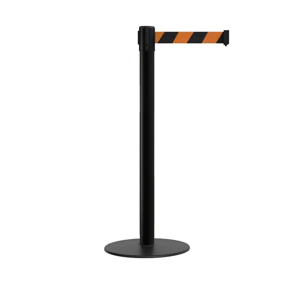 Retractable Belt Barrier Stanchion - Low Profile Steel Base, Black Post, 7.5ft. Belt - Montour Line MX630 by Crowd Control Wareho