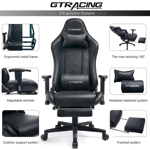 GTRACING Heavy Duty Gaming Chair with Footrest GT901, Black