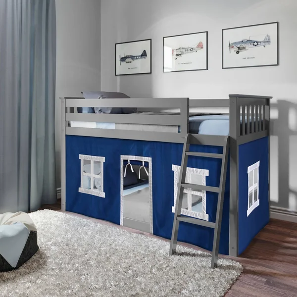 Max & Lily Twin Over Twin Low Bunk with Blue Curtains - Grey