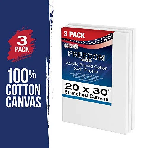 U.S. Art Supply 20 x 30 inch Stretched Canvas 12-Ounce Primed 3-Pack - Professional White Blank 3/4 inch Profile Heavy-Weight Ge