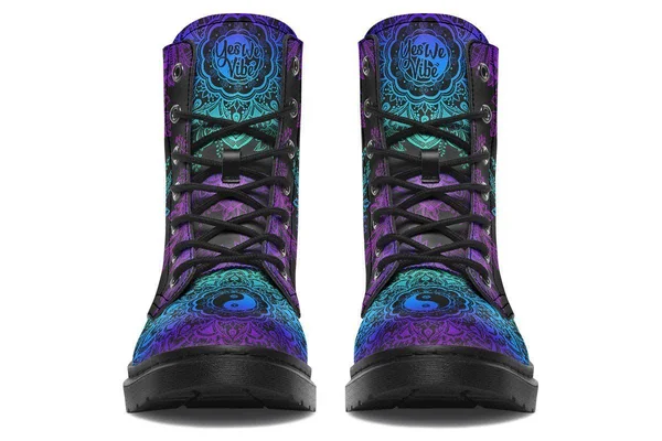 Yin Yang Mandala Boots - Vegan Black Boots, YesWeVibe Men's Boots, Black Sole, US 6, EU39