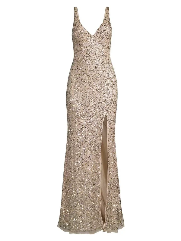 Mac Duggal Women's V-Neck Sequin Sheath Gown - Shimmering Gold - Size 14