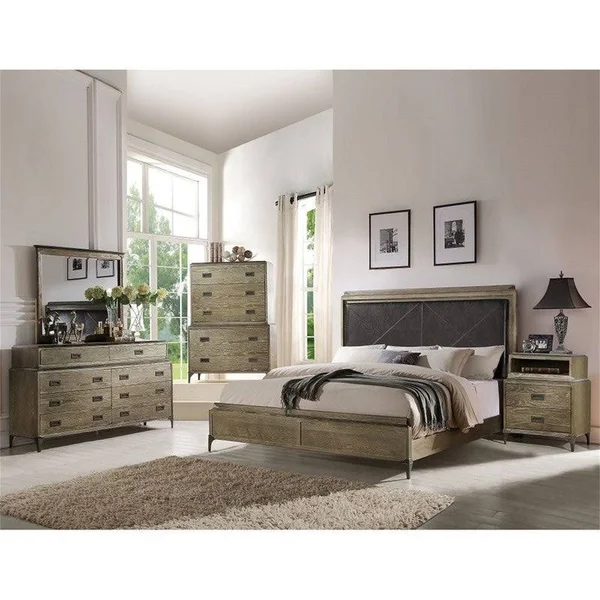 Wooden Nightstand in Weathered Oak with 2 DRW & Open Top Compartment - Natural - 2-Drawer