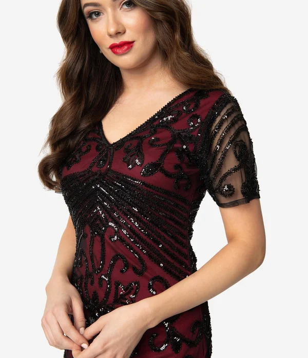 Unique Vintage Burgundy Red & Black Beaded Sleeved Troyes Cocktail Flapper Dress, Size L/10-12