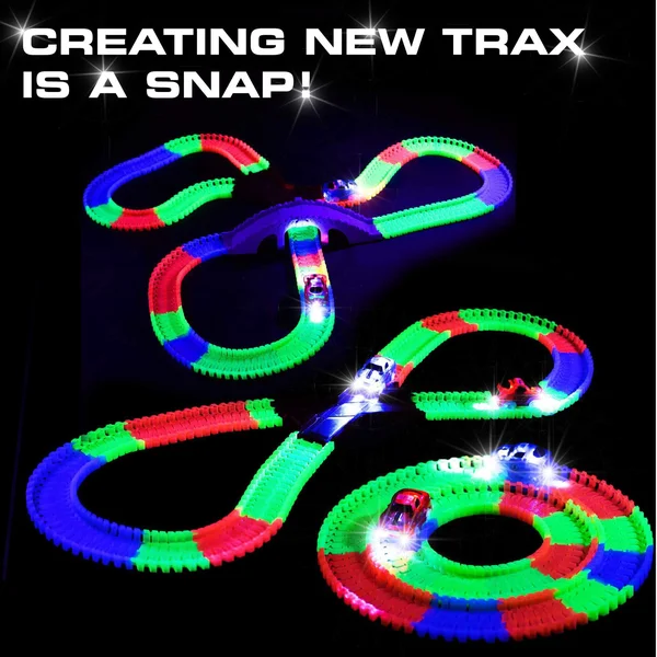 Glow Race Tracks for Boys 360pk Flexible Glow in The Dark Magic Snap Race Tracks for Kids w/ Light Up Car Toys, Car Racing Track