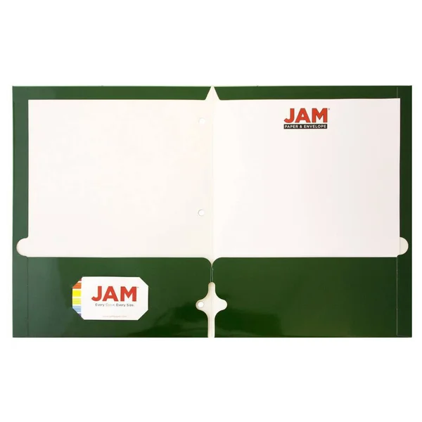 Jam Paper Laminated Glossy 3 Hole Punch Two-Pocket School Folders, Green, Bulk 100/Box (385GHPgrb)