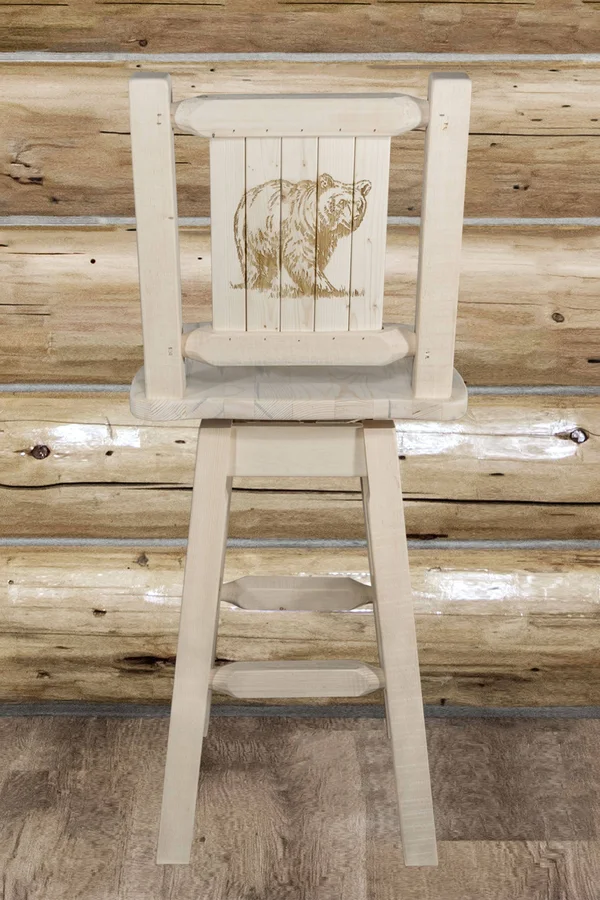 Montana Woodworks MWHCBSWSNRLZBEAR Homestead Barstool with Back & Swivel with Laser Engraved Bear Design