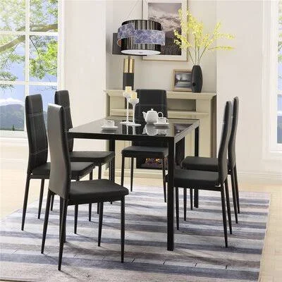 Dining Table Set with 1 Tempered Glass Table & 6 Leather Dining Chairs Latitude Run