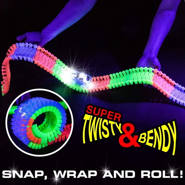Glow Race Tracks for Boys 360pk Flexible Glow in The Dark Magic Snap Race Tracks for Kids w/ Light Up Car Toys, Car Racing Track
