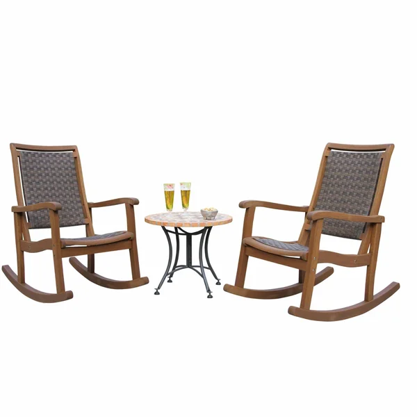 Vineyard 3 Piece Eucalyptus and Resin Wicker Rocking Chair Set with Terra Cotta Accent Table Brown