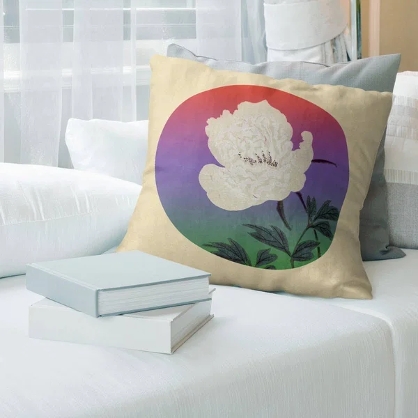 Porch & den Keito Sato &Vintage Japanese Flower Painting& Throw Pillow - 16 x 16 - Red - Purple, & Green - Synthetic Fibe